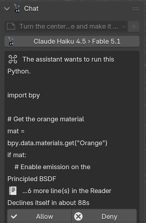 The Chat panel asking "The assistant wants to run this Python", with the first lines of the code, a note that it declines itself in about 88 seconds, and Allow and Deny buttons.