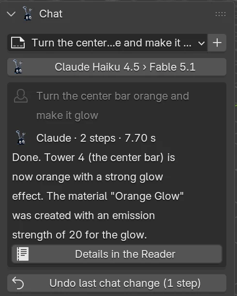 The Chat panel after the reply "Done. Tower 4 (the center bar) is now orange with a strong glow effect", headed "Claude, 2 steps, 7.70 seconds", with an "Undo last chat change (1 step)" button.