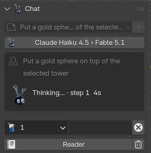 The Chat panel mid-turn. The request reads "Put a gold sphere on top of the selected tower", B. Clip, the binder clip mascot, shows "Thinking, step 1, 4 seconds", and the input row shows one object clipped.
