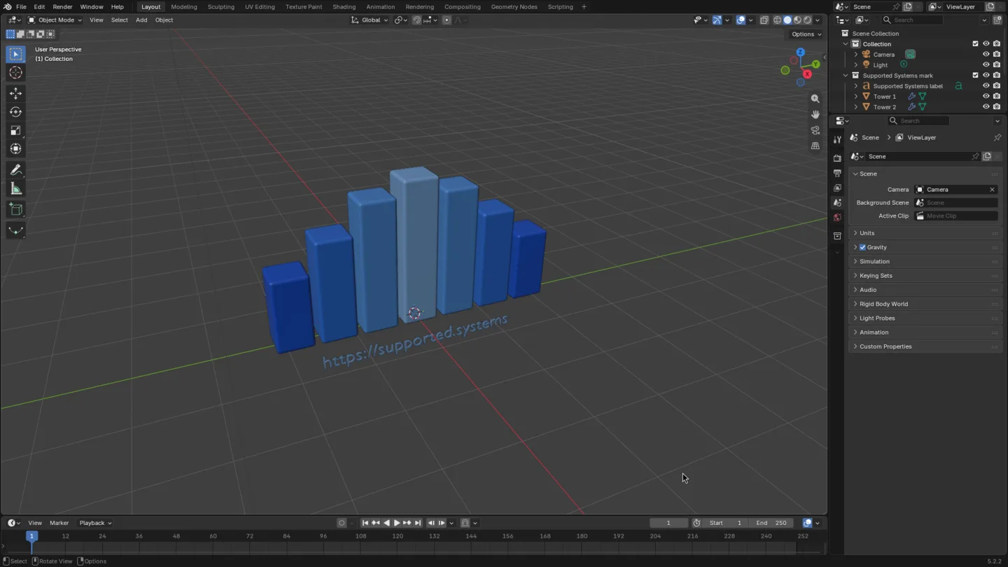 Blender 5.2 with the Supported Systems mark open in the viewport.