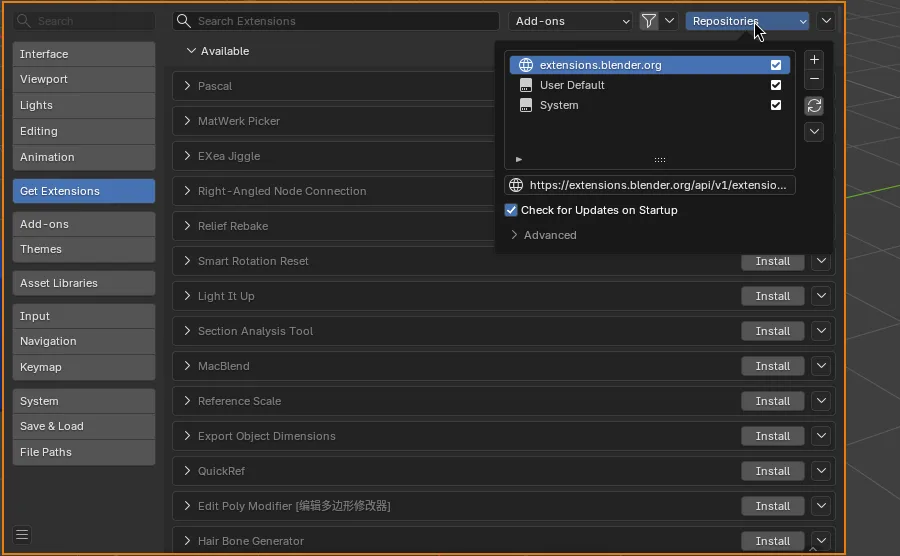 The Get Extensions page with the Repositories menu open.