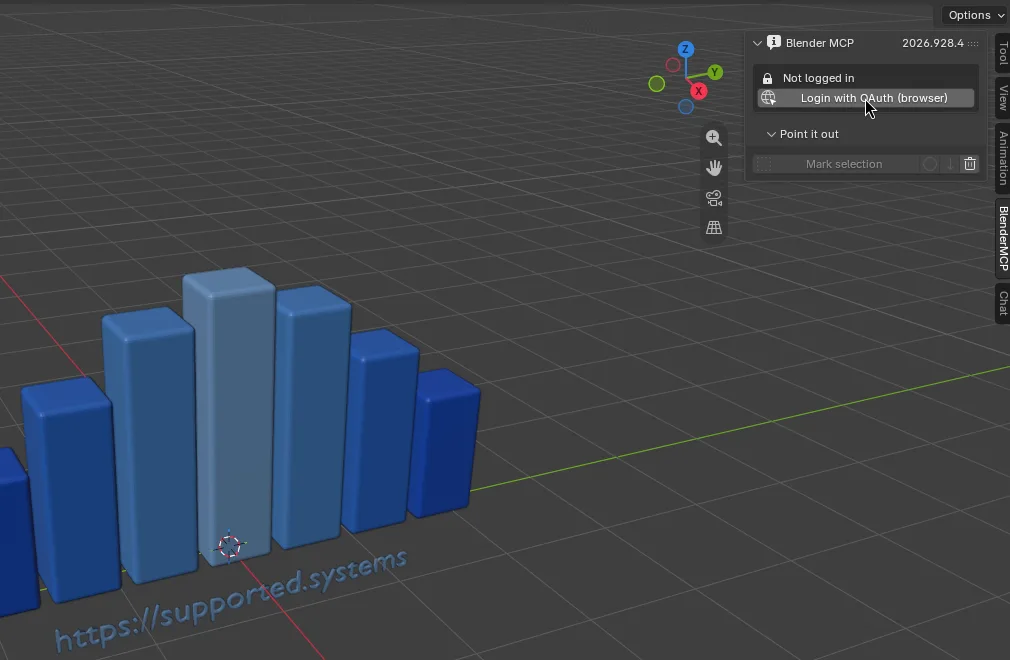 The BlenderMCP sidebar panel reading Not logged in, with a Login button.