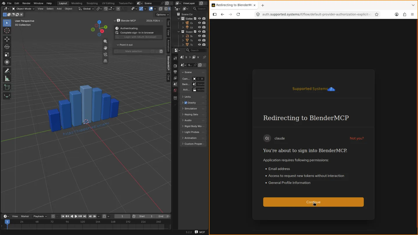 Blender on the left waiting for sign-in; the browser on the right asking to approve access for BlenderMCP.